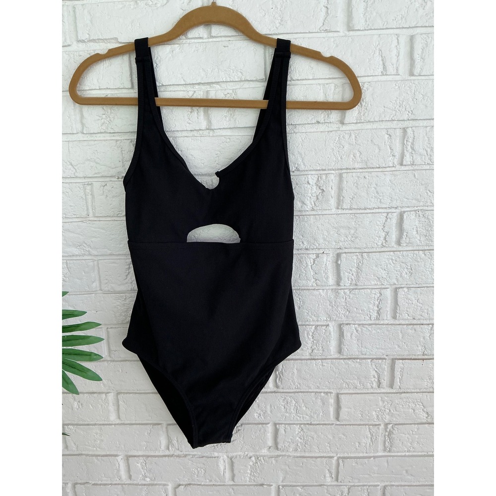 Charmo One Piece Swimsuit Women Large Black NWT Ribbed Cutout UPF 50+